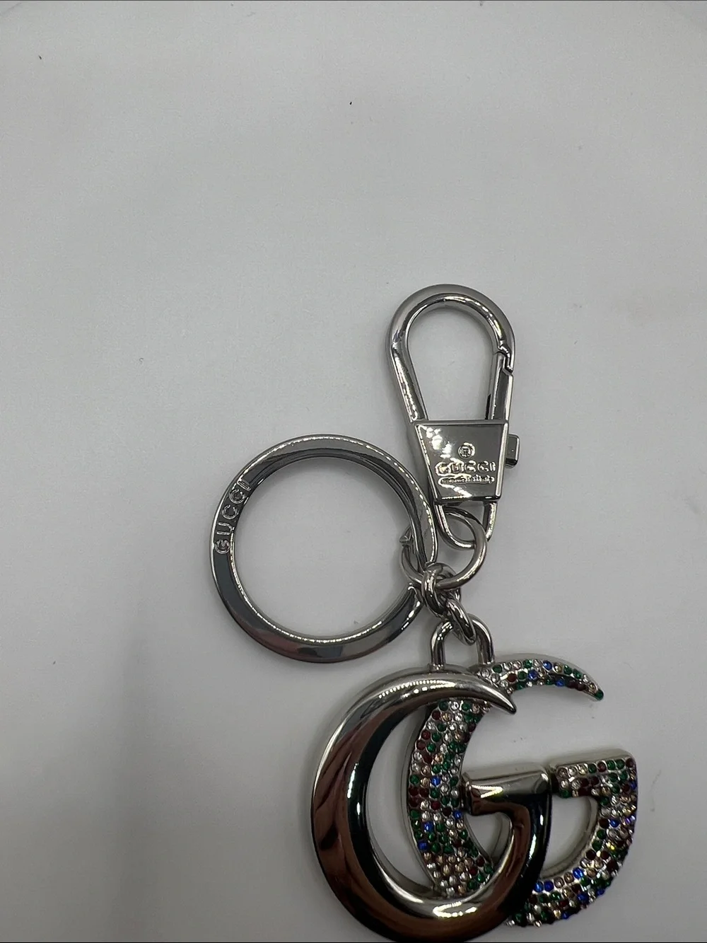 1497. Silver Plated Double G Keychain with Multicolor Stones